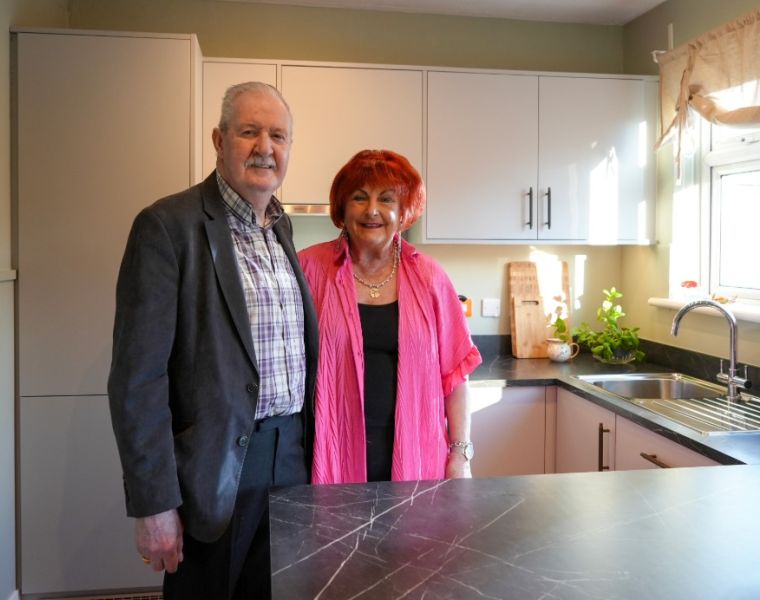 Home Rescue couple Peter & Ann in their new Modica Light Grey kitchen