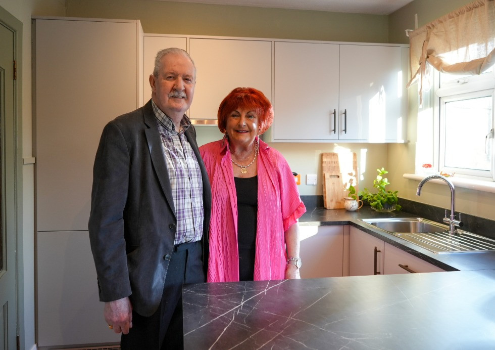 Home Rescue couple Peter & Ann in their new Modica Light Grey kitchen