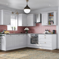 Augusta White kitchen - A white shaker-style kitchen, l-shaped design with dark worktop and brushed steel handles