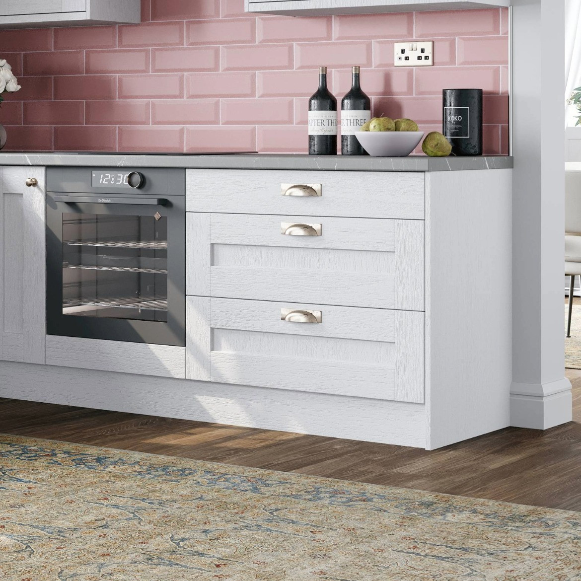 Augusta White kitchen - A white shaker-style kitchen, l-shaped design with dark worktop and brushed nickel handles