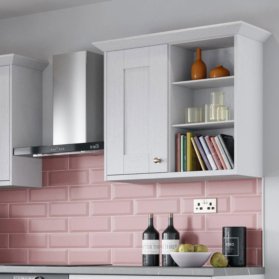 Augusta White kitchen open shelves stacked with books and ornaments