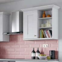 Augusta White kitchen open shelves stacked with books and ornaments
