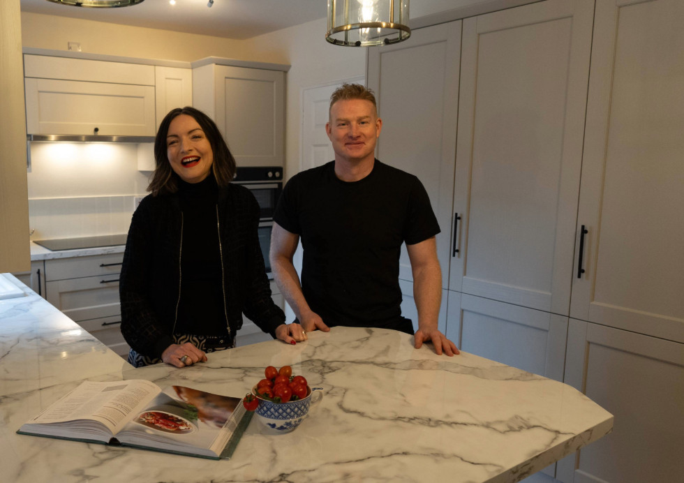 Caoimhe and Arran Dereham Taupe kitchen with island Gorey - Home Rescue 2025