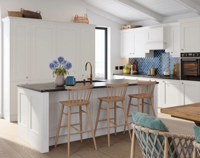 Hampton Cotton White kitchen with island and tall units
