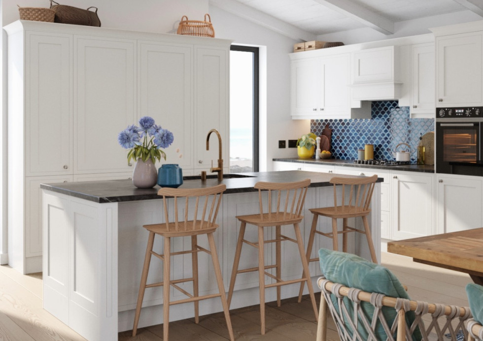 Hampton Cotton White kitchen with island and tall units