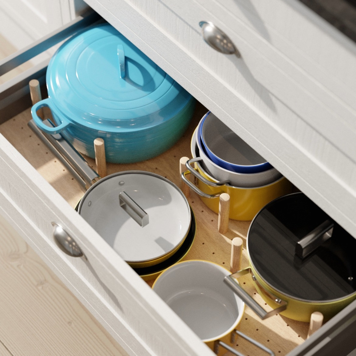 Peg board inside drawer of a Hampton Cotton White kitchen