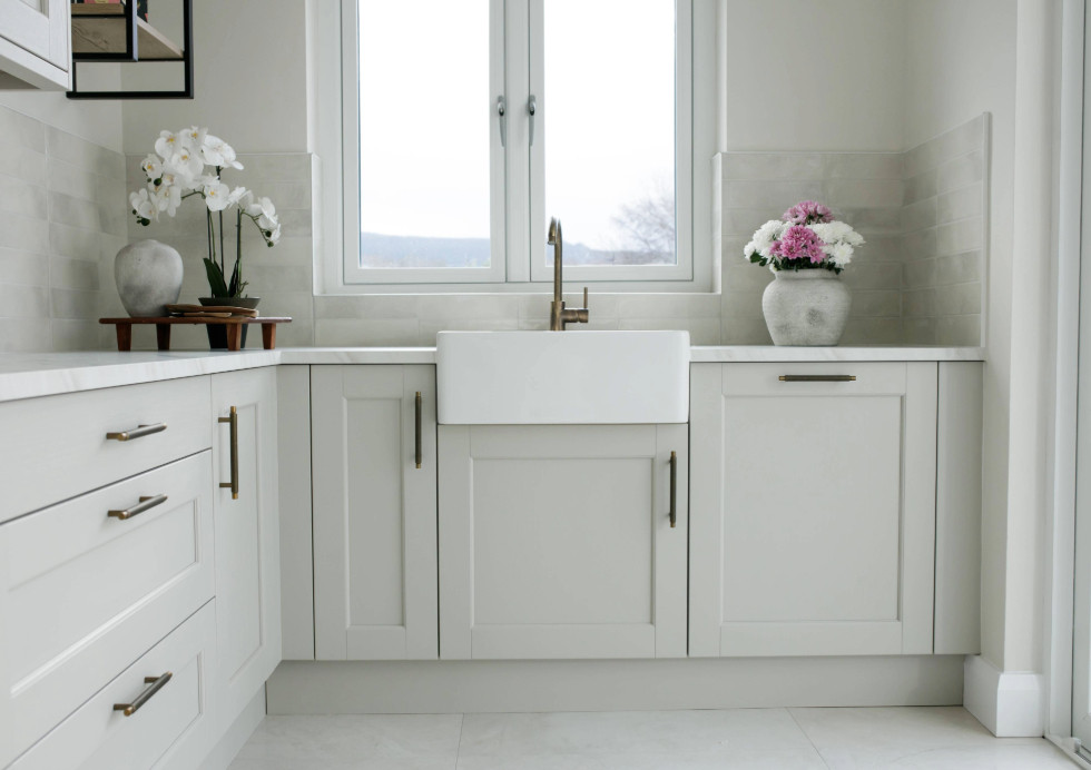Jennifer Carroll Dereham Taupe Kitchen Belfast Sink and Brass Tap
