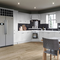 Shaker Light Grey kitchen, features include American-style fridge, marble worktop and Shaker Canopy with integrated extractor