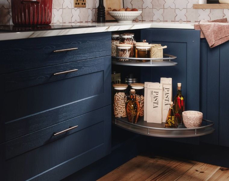 Fly Moon corner storage solution in blue shaker kitchen