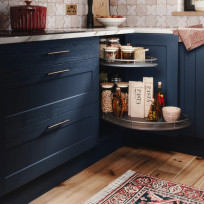 Fly Moon corner storage solution in blue shaker kitchen