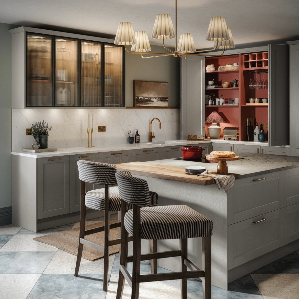 Mirano Linen kitchen with reeded glass cabinets, island and double-bi-fold unit.