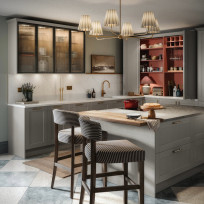 Mirano Linen kitchen with reeded glass cabinets, island and double-bi-fold unit.