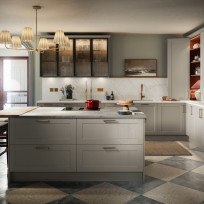 Mirano Linen kitchen with reeded glass cabinets, island and double-bi-fold unit.