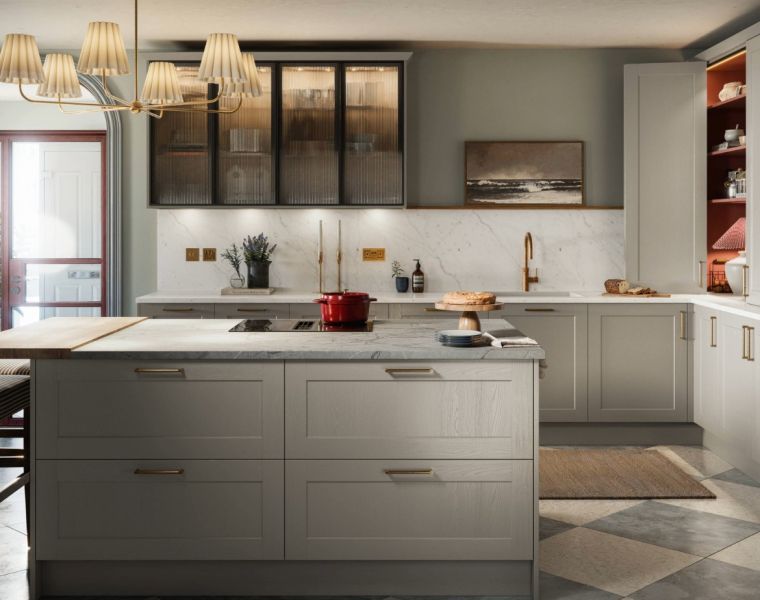 Mirano Linen kitchen with reeded glass cabinets, island and double-bi-fold unit.