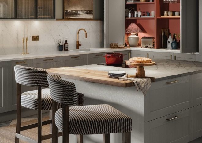 Mirano Linen kitchen with reeded glass cabinets, island and double-bi-fold unit.