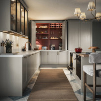 Mirano Linen kitchen with reeded glass cabinets, island and double-bi-fold unit.