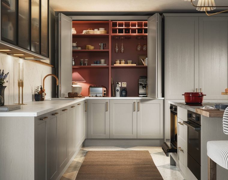 Mirano Linen Kitchen looking into an open double bifold with rusty red interior.