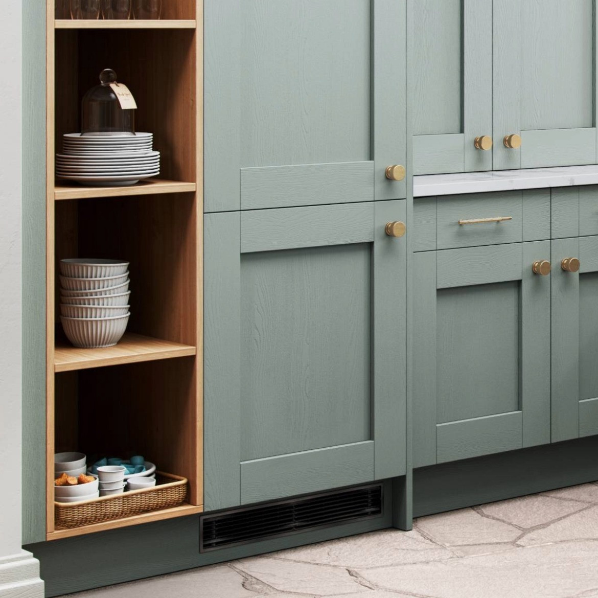 A close-up shot of open shelves in the Mirano Sage kitchen. The shelves have a Natural Casella Oak finish.