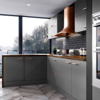 Corner of a Modica Dust Grey kitchen - contemporary style with wood effect worktop and copper extractor hood