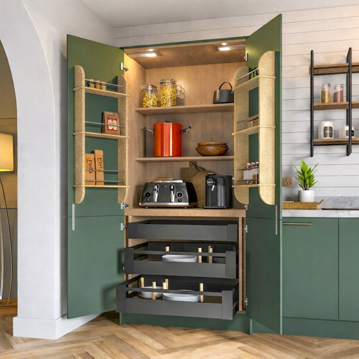 Modica Forest Green Prestige Larder with anthracite drawers main