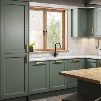 A close up of the Oslo Sage green kitchen - a slim shaker with tapered edges