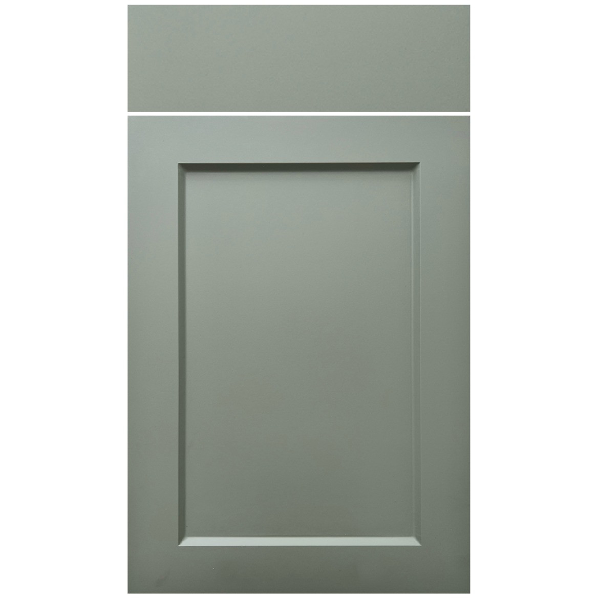 The Oslo Sage green kitchen door. A slim shaker with tapered edges and matt finish