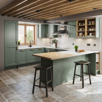 Oslo Sage kitchen - l-shaped design with peninsula and open shelves