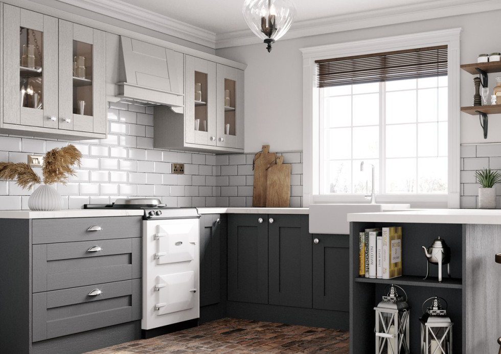  A Cash & Carry Kitchens model using peninsula kitchen ideas, such as open shelving and seating on the back side.
