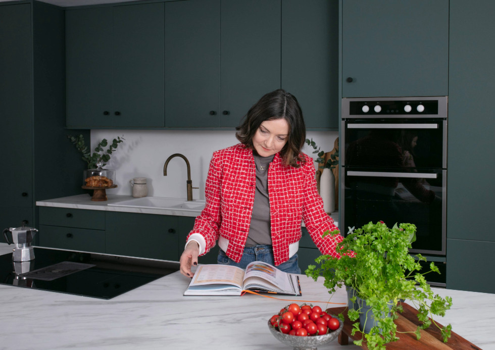 Dee Coleman Modica Forest Green kitchen with book