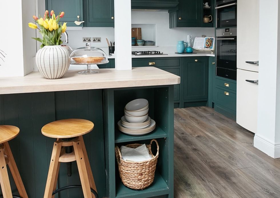 Esther Corkery Green Lyndale Kitchen - Peninsula with Seating and Open Shelving