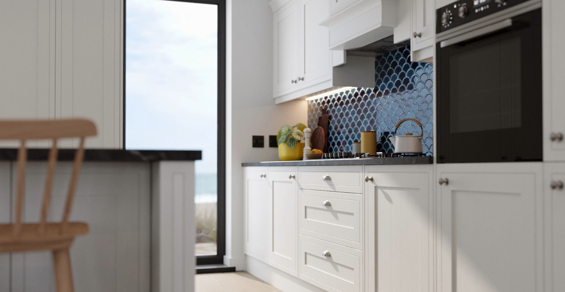 Close up of a run of Hampton Cotton White cabinets, shaker door with dark worktop