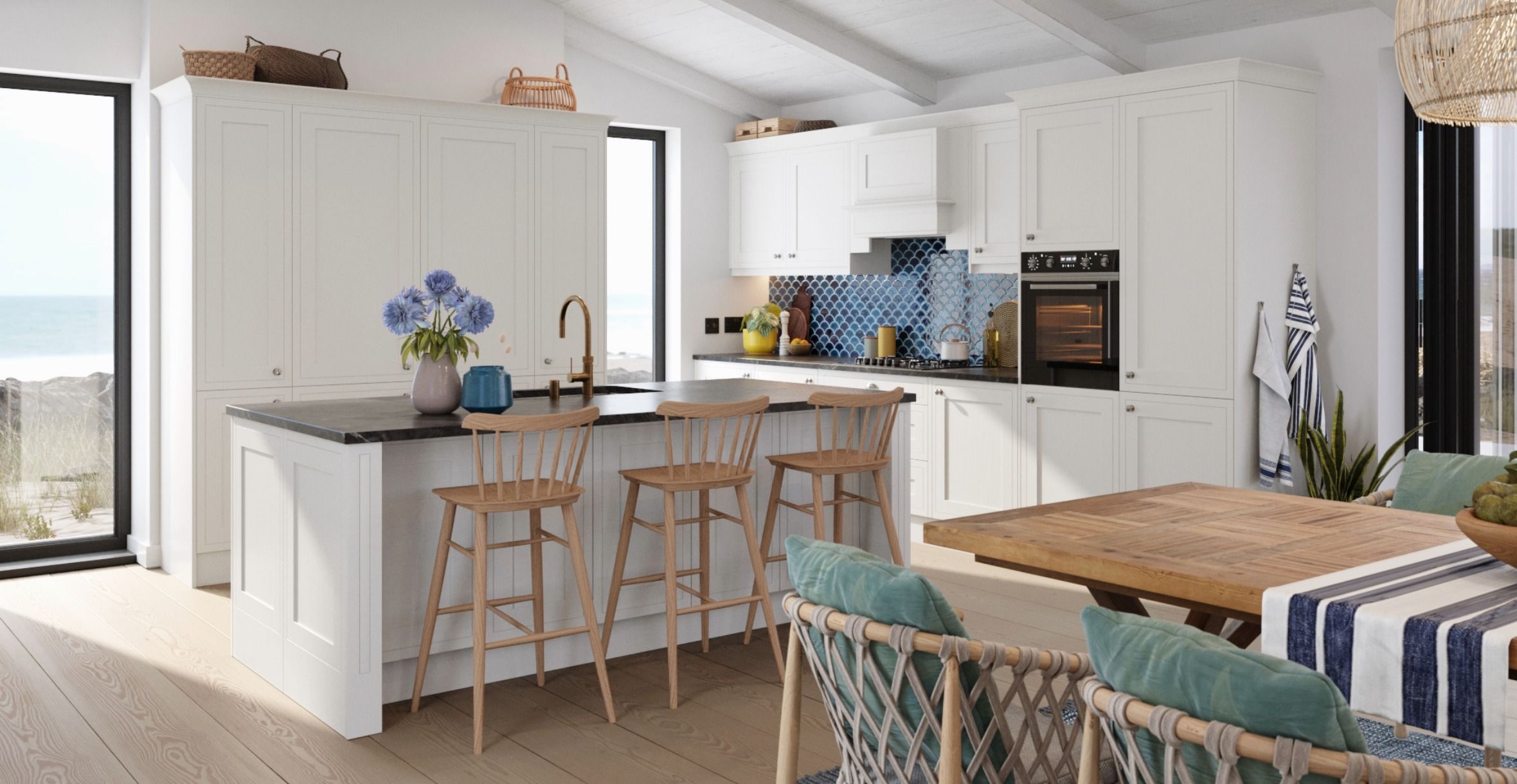 Hampton Cotton White kitchen with island and tall units