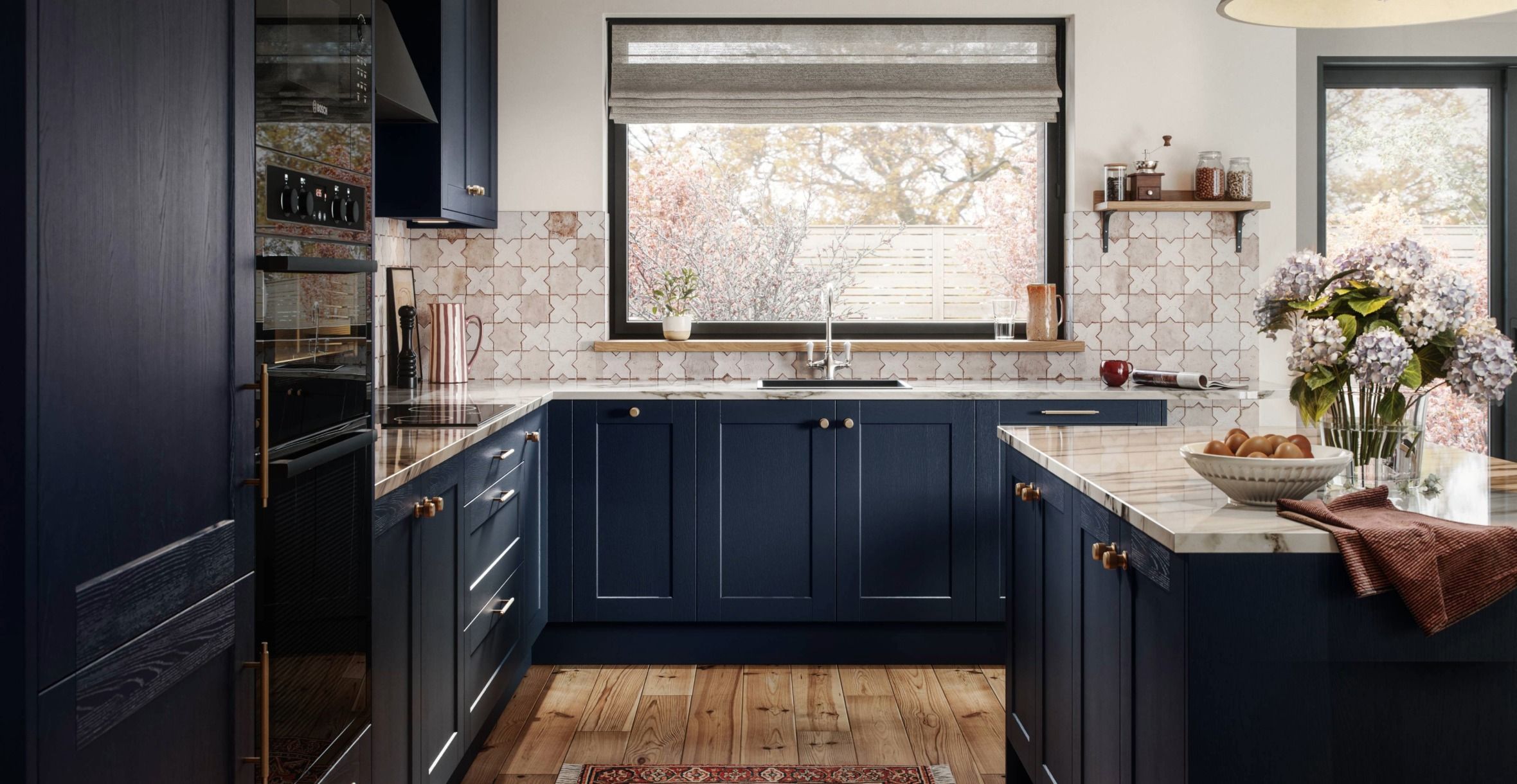 Ink blue medium rail shaker kitchen door with a subtle woodgrain texture.