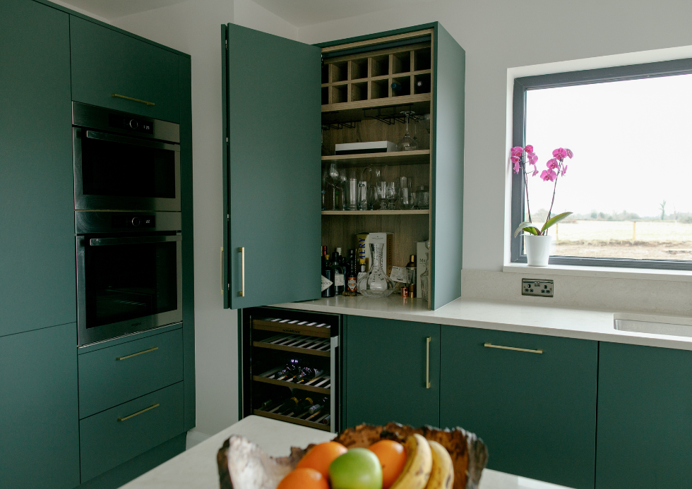 Darren Athlone Modica Forest Green Kitchen Bifold and wine cooler