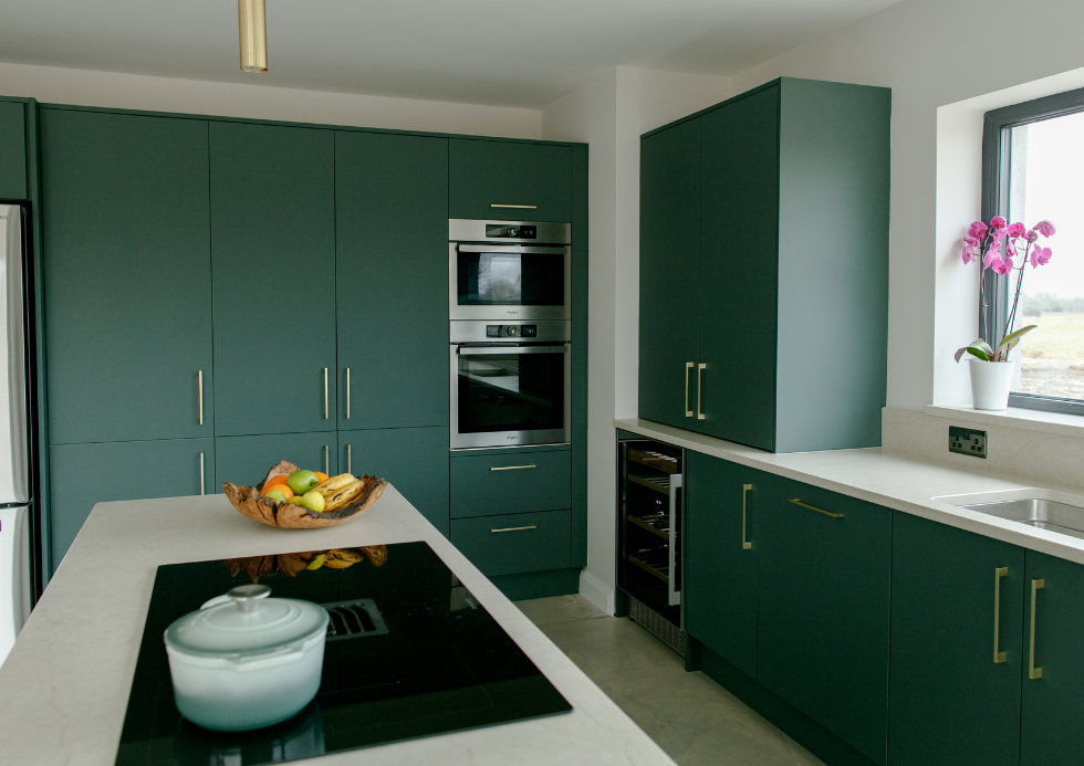 Darren Athlone Modica Forest Green Kitchen With Hob on Island