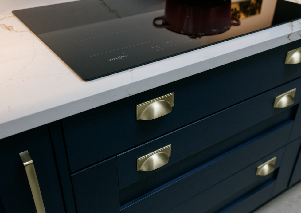 Deirdre Augusta Midnight Blue Kitchen with Island Gold Handles Desktop