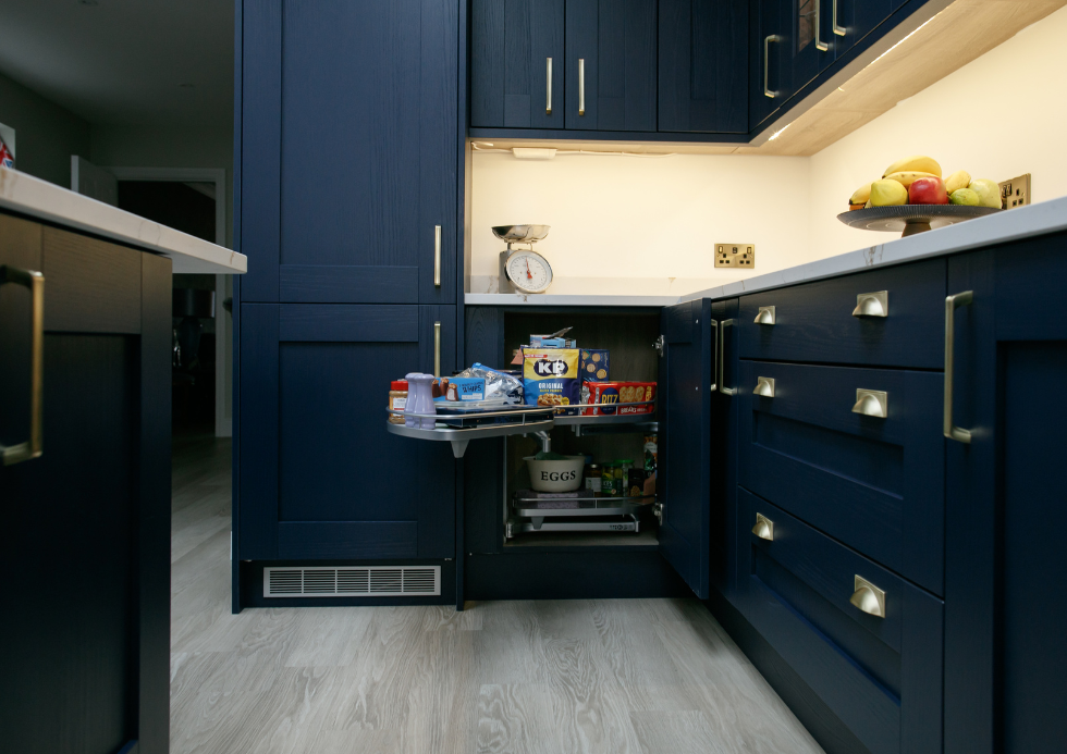 Deirdre Augusta Midnight Blue Kitchen with Island LeMans Desktop