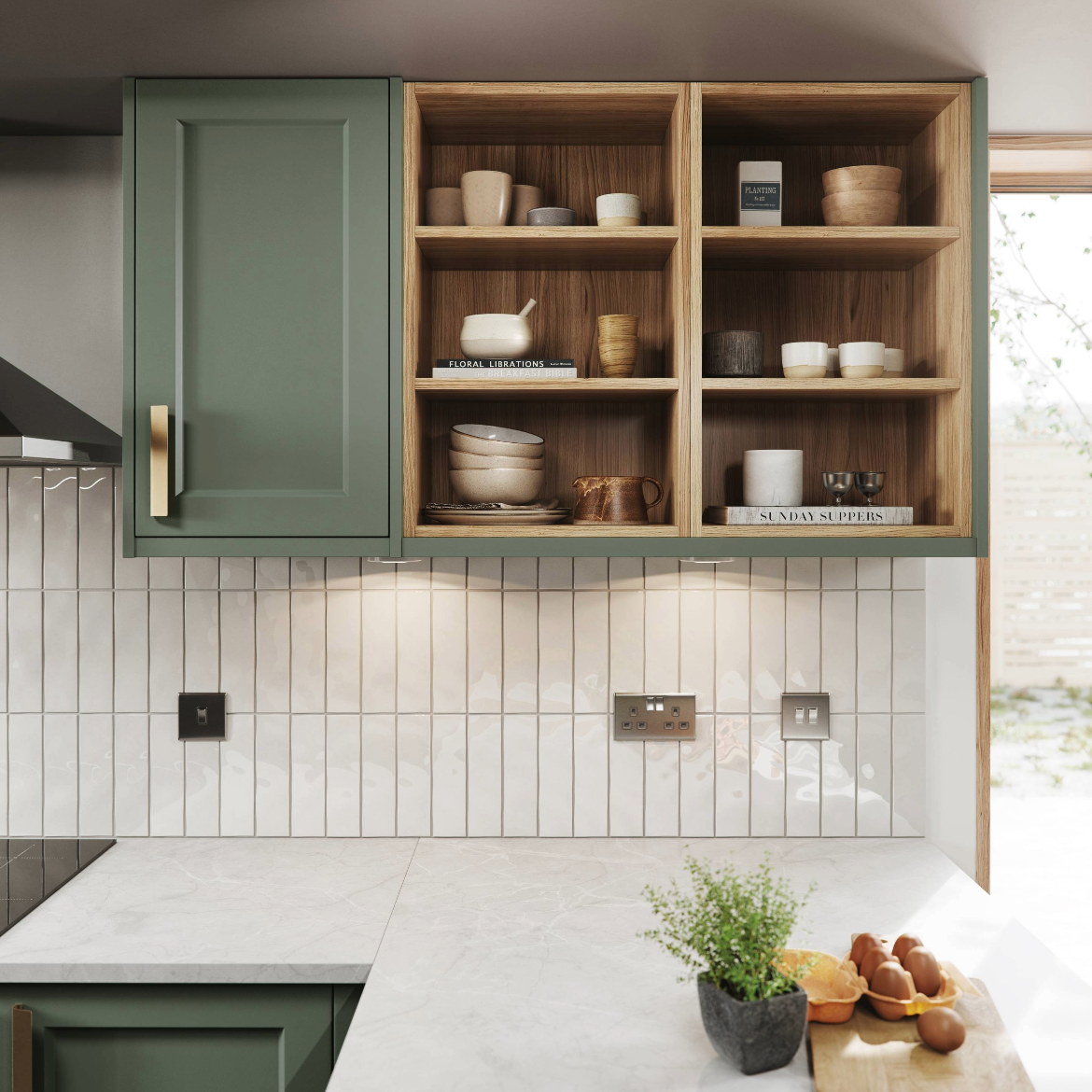 Natural Casella Oak Open Shelves with Oslo Sage kitchen